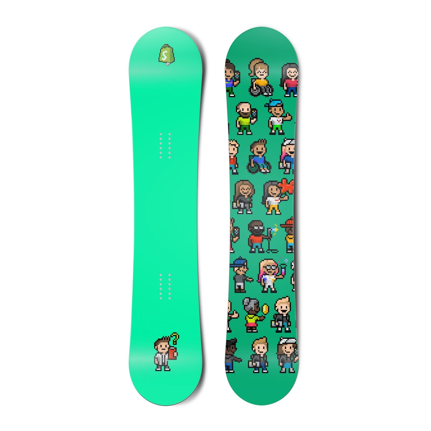 Top and bottom view of a snowboard. The top view shows a pixelated Shopify bag logo and a
pixelated character reviewing a clipboard with a questioning expression with a bright green-blue background.
The bottom view is a pattern of many pixel characters with a bright green-blue background.